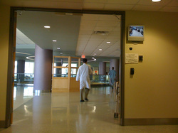 View of a hospital from the front door security guard
